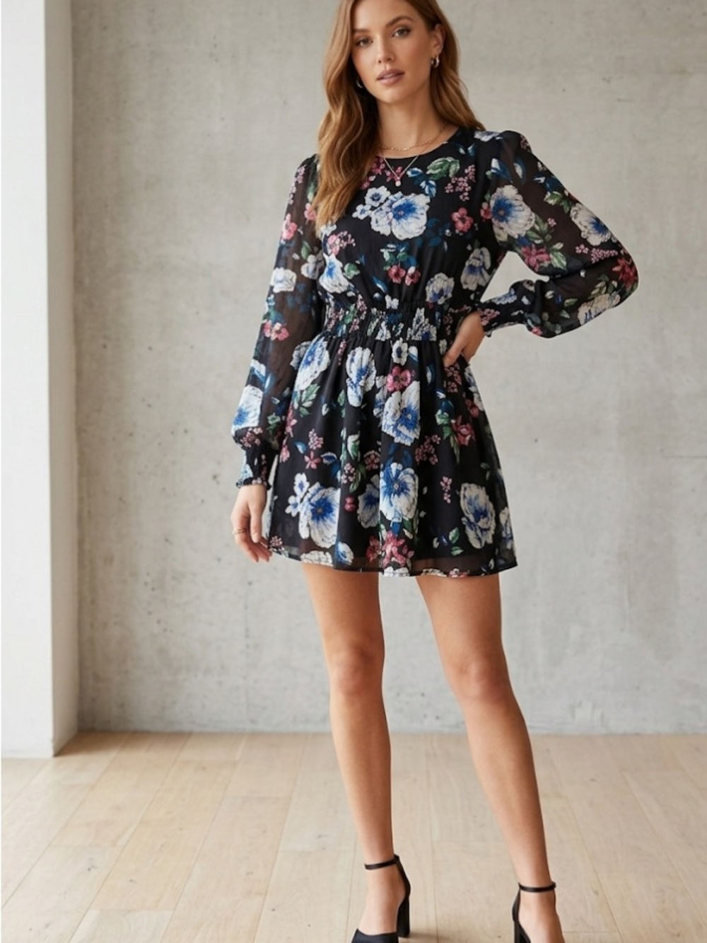 Fashion Nova Black Floral Long-Sleeve Romper